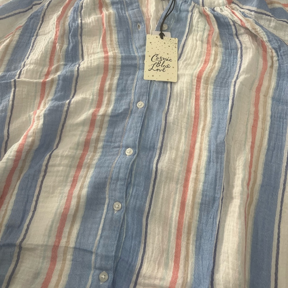 Casual Button Down Shirt with Blue and Beige Stripes